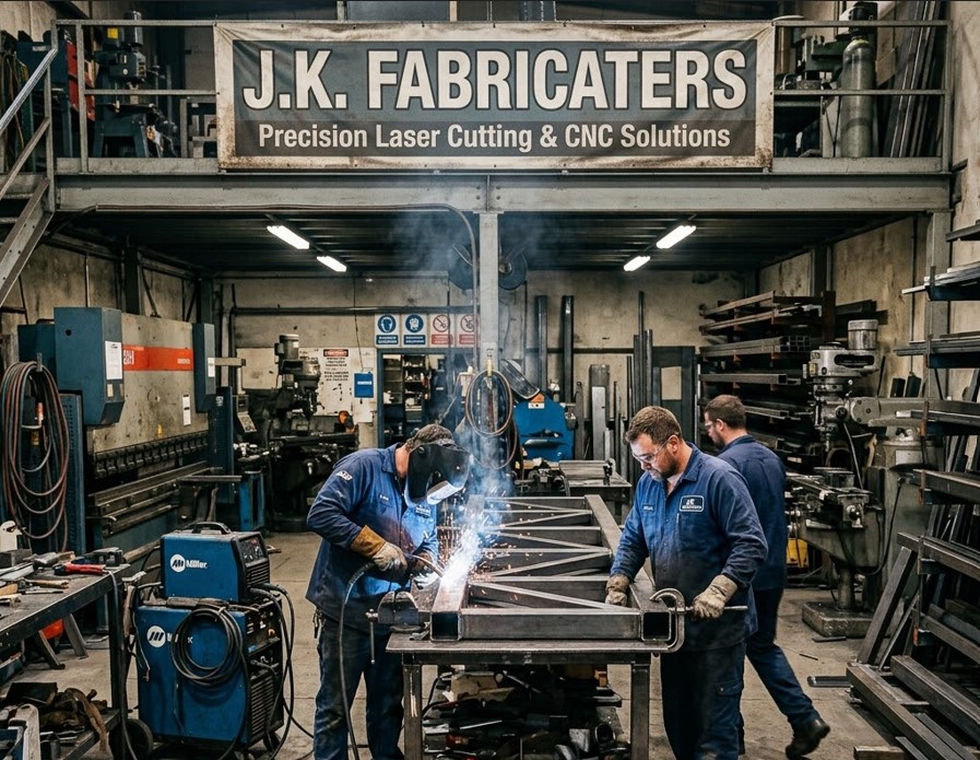 J.K. Fabricaters workshop floor &mdash; fabricators welding a steel frame